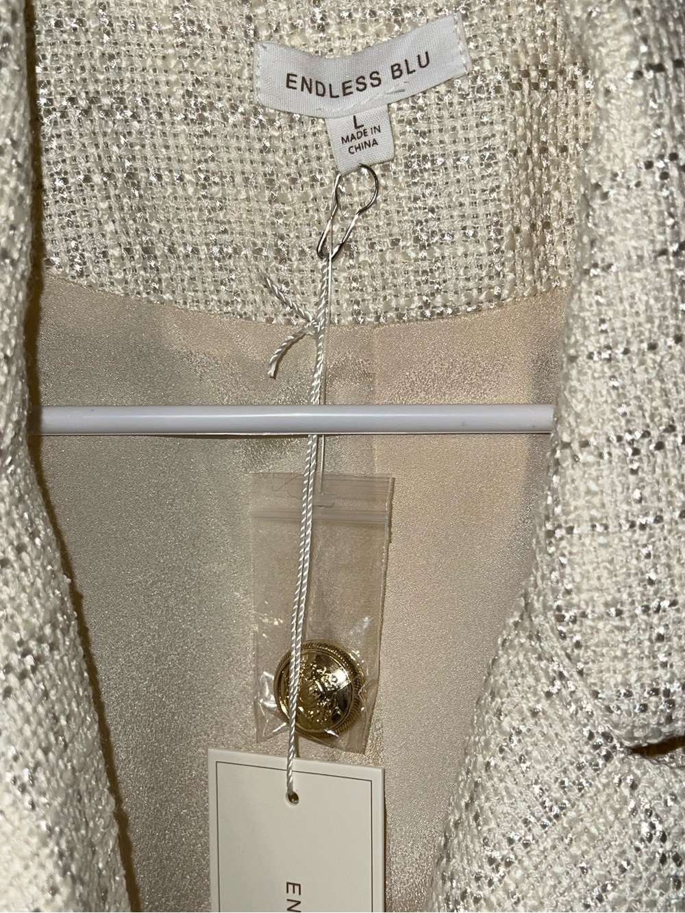 Endless Blu Cream Boucle Tweed Blazer Modern Preppy Chic Jacket Size L NWT - Picture 7 of 9